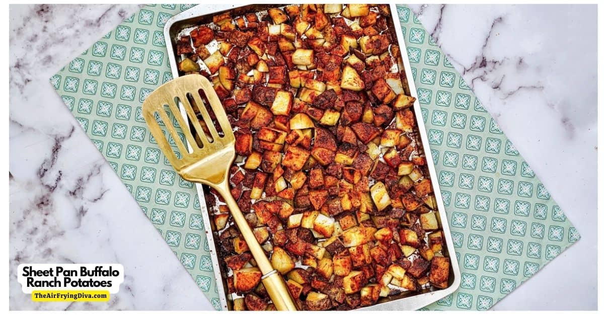 Sheet Pan Buffalo Ranch Potatoes, a simple four ingredient recipe for crispy baked potato bites oven baked with tasty seasoning.