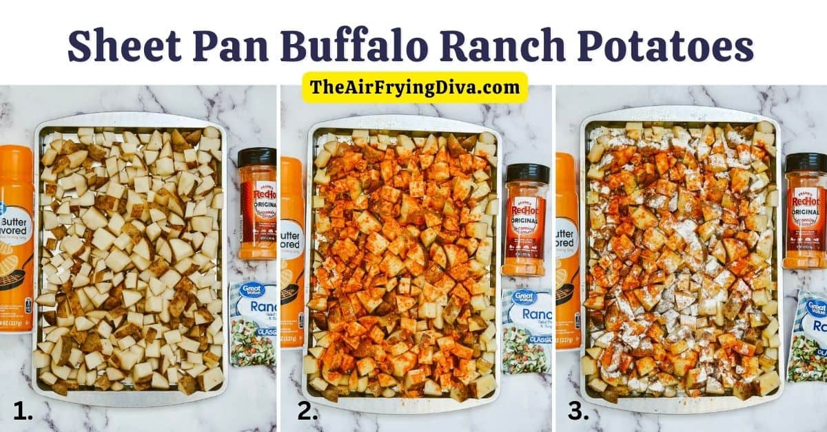 Sheet Pan Buffalo Ranch Potatoes, a simple four ingredient recipe for crispy baked potato bites oven baked with tasty seasoning.