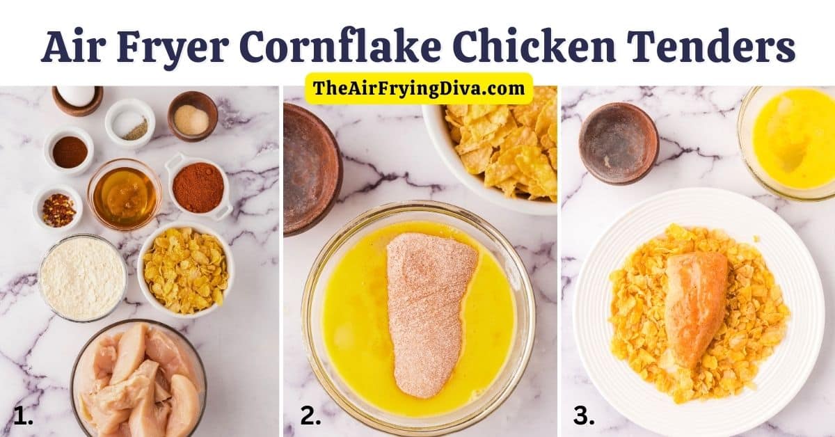 Air Fryer Cornflake Chicken Tenders, a delicious and easy recipe featuring chicken breast tenders perfectly seasoned and air fried.