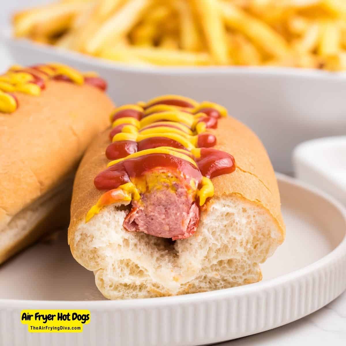 Air Fryer Hot Dogs , a simple and delicious recipe for how to cook hot dogs in an air fryer, includes buns .