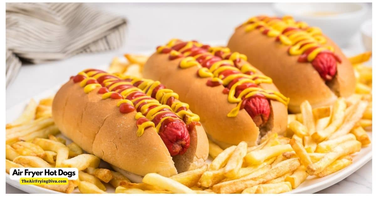 Air Fryer Hot Dogs , a simple and delicious recipe for how to cook hot dogs in an air fryer, includes buns .