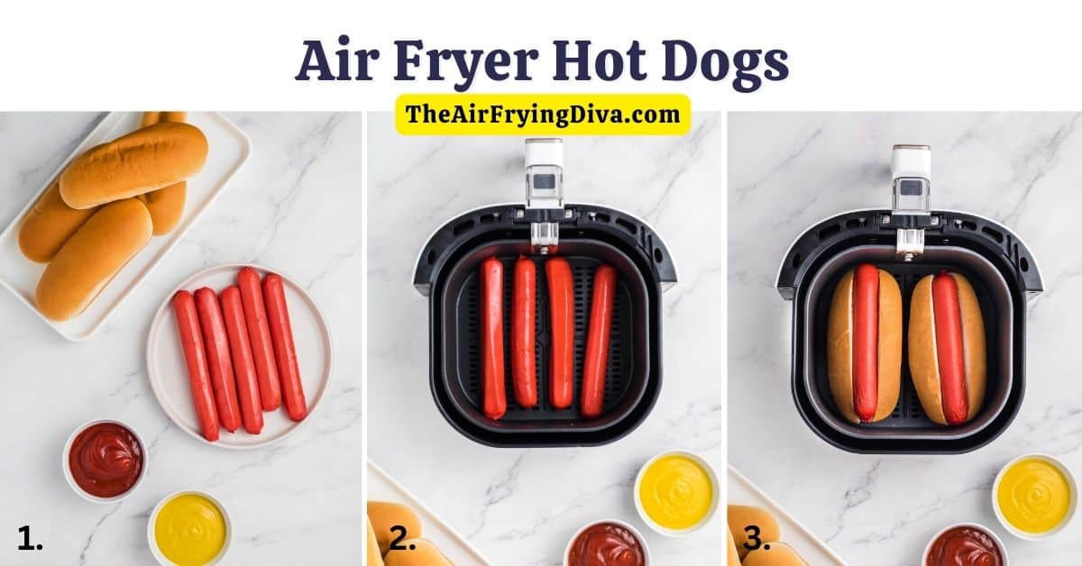 Air Fryer Hot Dogs , a simple and delicious recipe for how to cook hot dogs in an air fryer, includes buns .