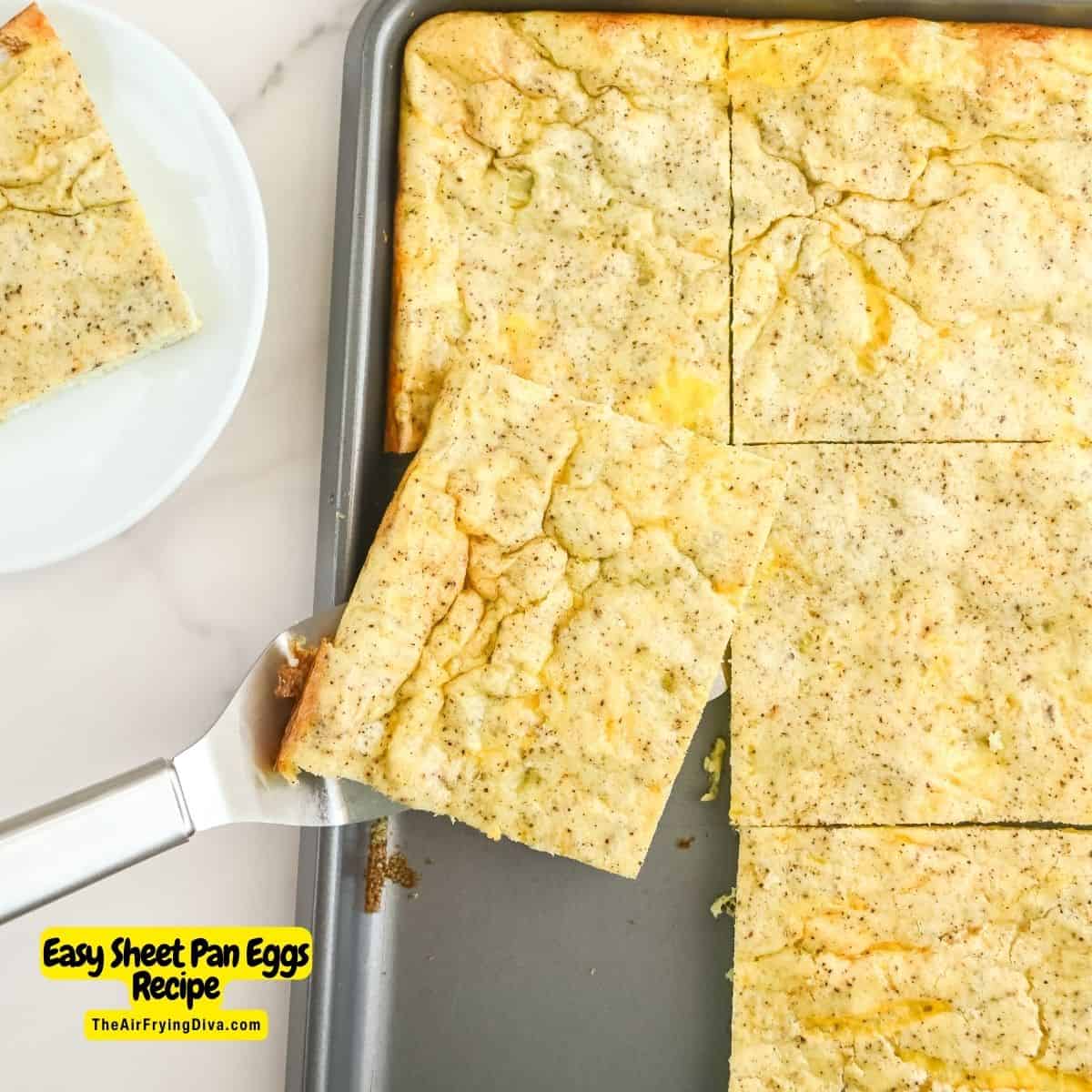 Easy Sheet Pan Eggs Recipe, a delicious breakfast or brunch meal featuring fluffy eggs that are baked in an oven.