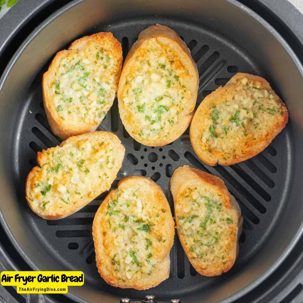 Air Fryer Garlic Bread, a quick and easy appetizer, snack, or side recipe for crispy bread loaded with bubbling butter with garlic.