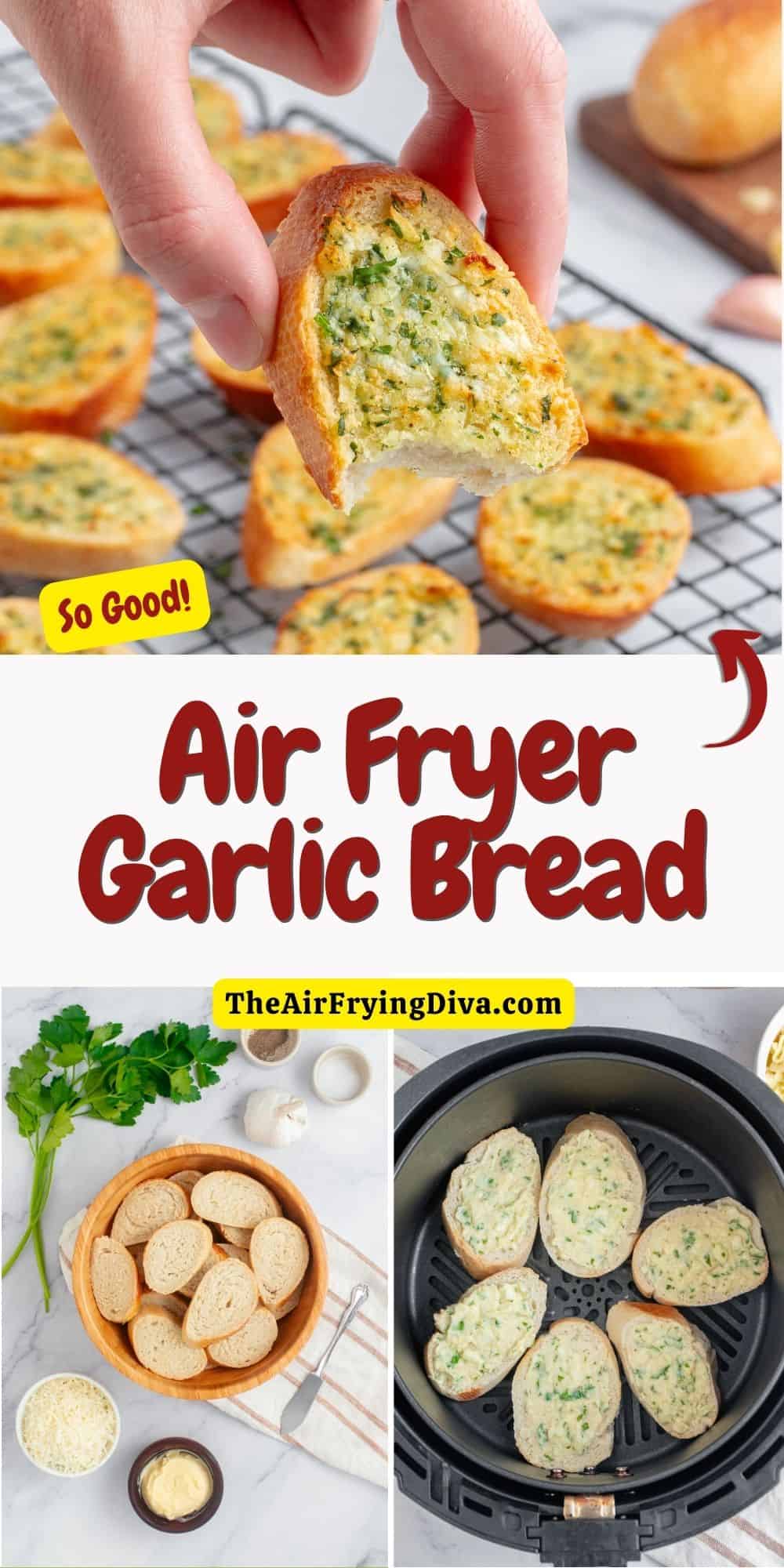 Air Fryer Garlic Bread, a quick and easy appetizer, snack, or side recipe for crispy bread loaded with bubbling butter with garlic.