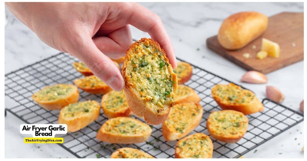 Air Fryer Garlic Bread, a quick and easy appetizer, snack, or side recipe for crispy bread loaded with bubbling butter with garlic.