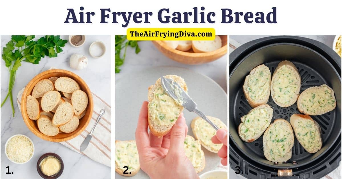 Air Fryer Garlic Bread, a quick and easy appetizer, snack, or side recipe for crispy bread loaded with bubbling butter with garlic.