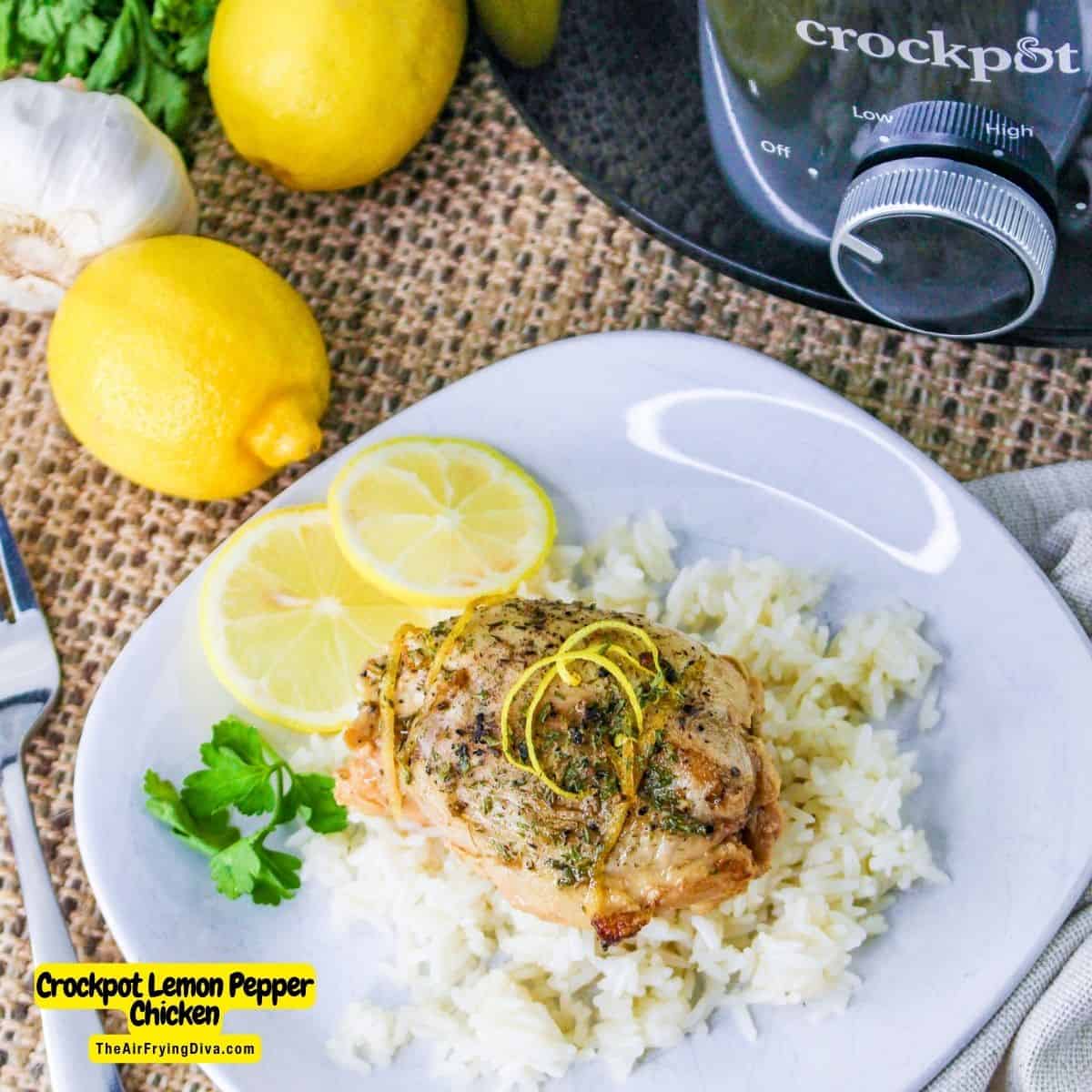 Crockpot Lemon Pepper Chicken, a simple slow cooker recipe made with skinless chicken thighs, lemon juice, and seasonings.