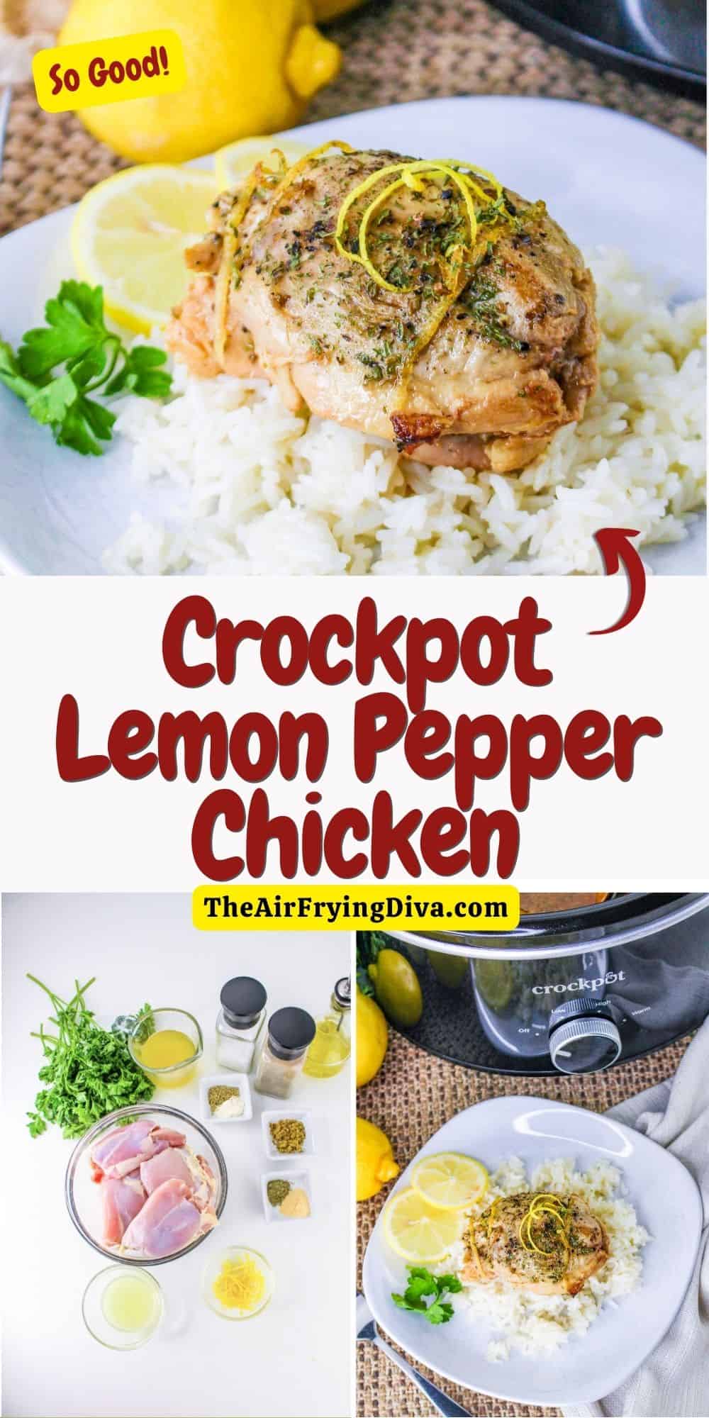 Crockpot Lemon Pepper Chicken, a simple slow cooker recipe made with skinless chicken thighs, lemon juice, and seasonings.