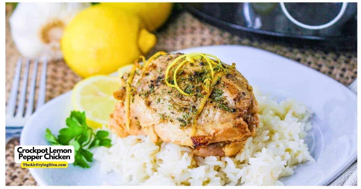 Crockpot Lemon Pepper Chicken, a simple slow cooker recipe made with skinless chicken thighs, lemon juice, and seasonings.