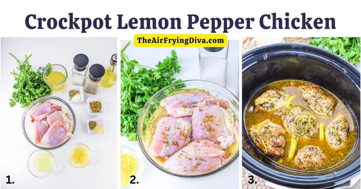 Crockpot Lemon Pepper Chicken, a simple slow cooker recipe made with skinless chicken thighs, lemon juice, and seasonings.