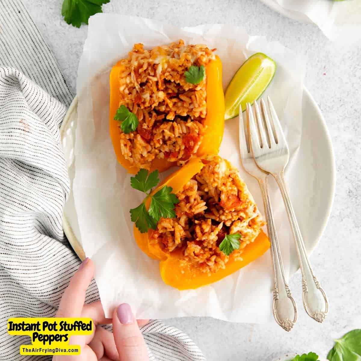 Instant Pot Stuffed Peppers, a delicious and easy vegetarian recipe made with bell peppers, rice, cheese and seasonings.