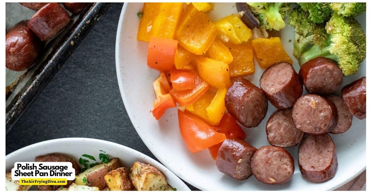 Polish Sausage Sheet Pan Dinner, a quick and delicious meal recipe featuring sliced sausage and vegetables, made in less than a half hour.