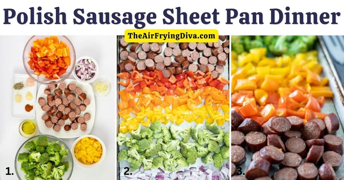 Polish Sausage Sheet Pan Dinner, a quick and delicious meal recipe featuring sliced sausage and vegetables, made in less than a half hour.