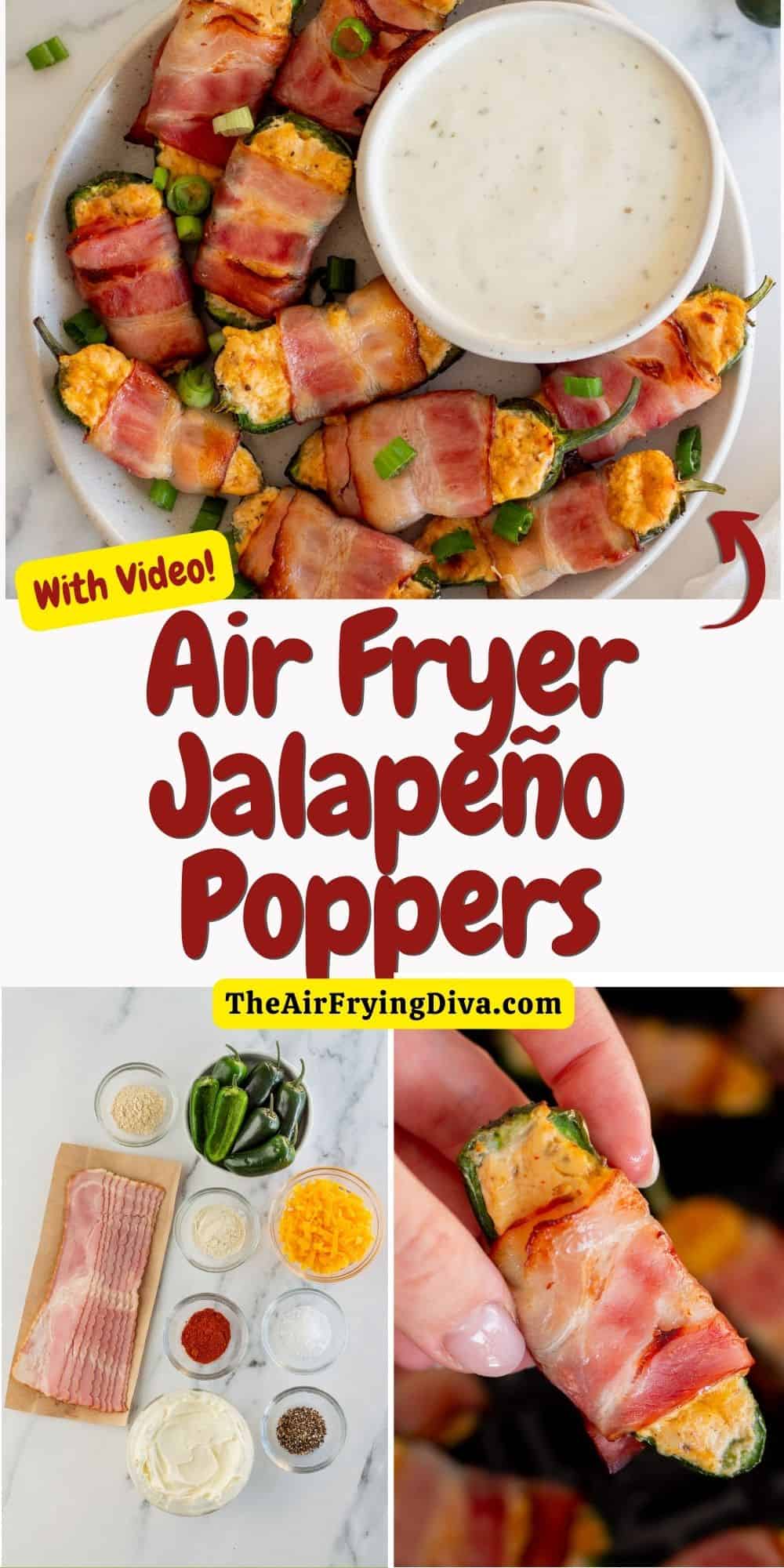 Air Fryer Jalapeno Poppers, a delicious appetizer or snack recipe featuring cheese stuffed peppers wrapped in bacon served warm.