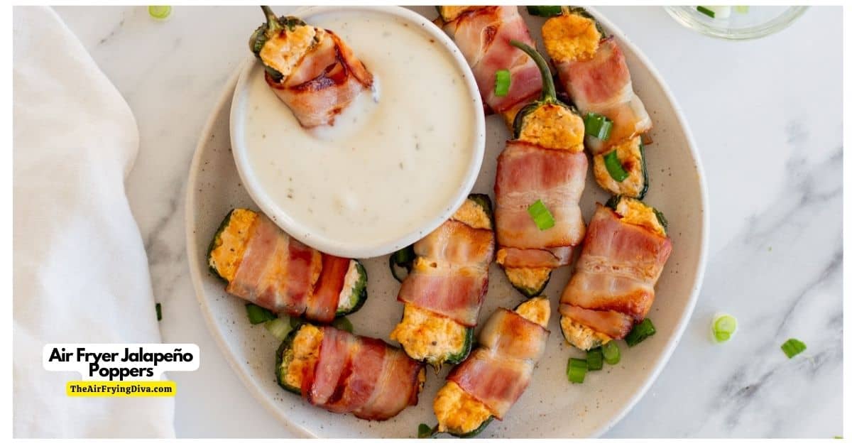 Air Fryer Jalapeno Poppers, a delicious appetizer or snack recipe featuring cheese stuffed peppers wrapped in bacon served warm.