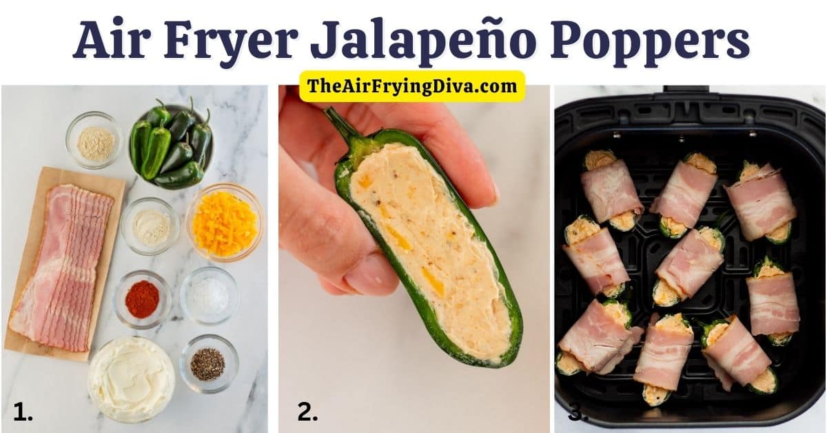 Air Fryer Jalapeno Poppers, a delicious appetizer or snack recipe featuring cheese stuffed peppers wrapped in bacon served warm.