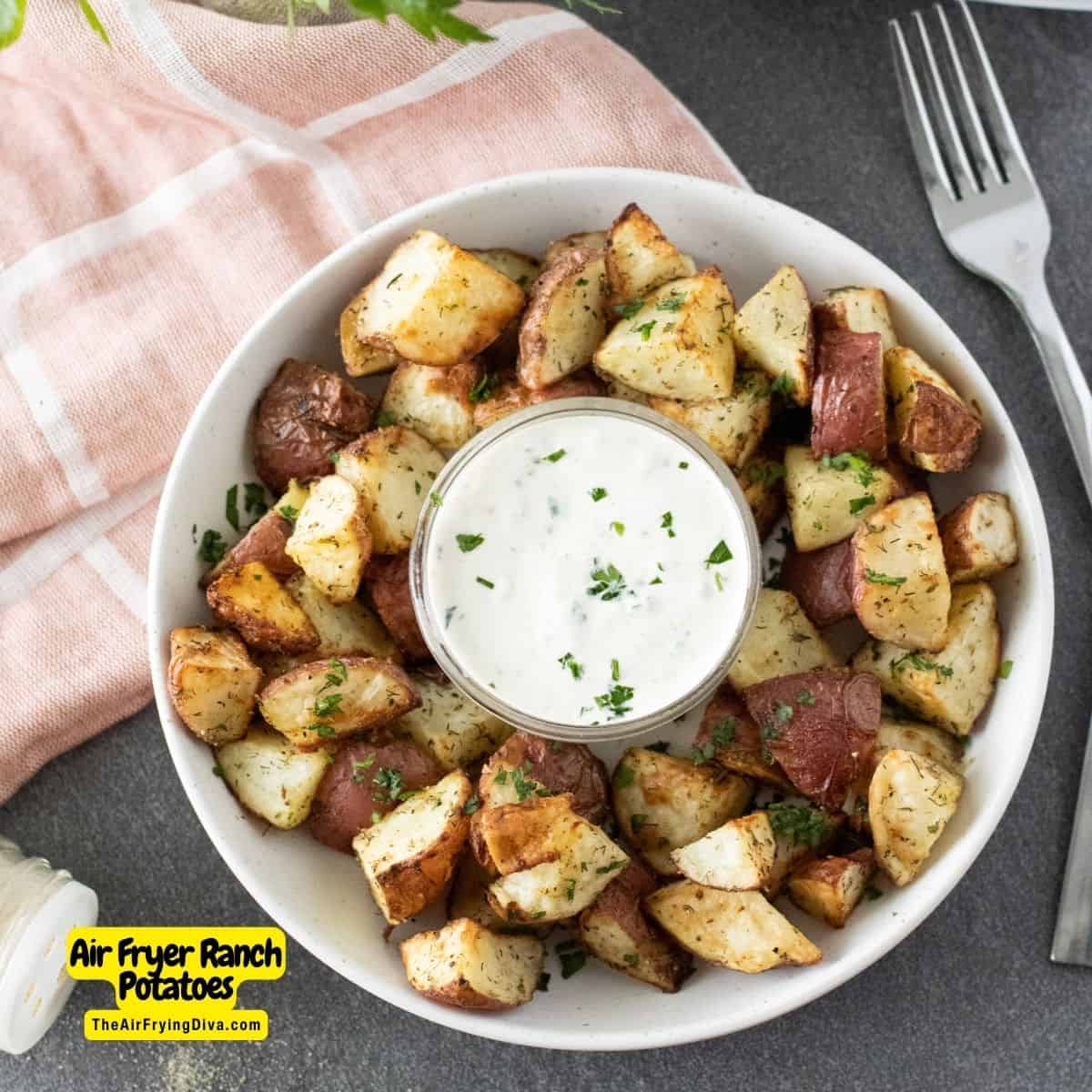 Air Fryer Ranch Potatoes, a simple 20 minute recipe idea for bite size potato chunks perfectly seasoned and cooked to perfection.