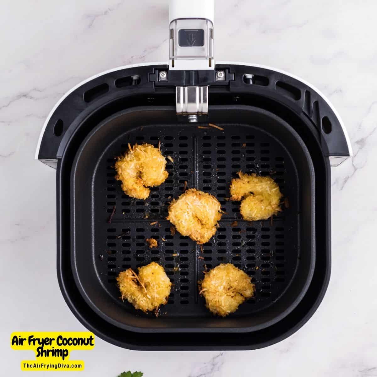 Air Fryer Coconut Shrimp, an easy appetizer or meal recipe featuring large juicy shrimp surrounded by a crunchy coating.