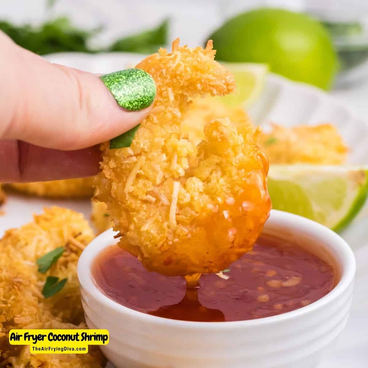 Air Fryer Coconut Shrimp, an easy appetizer or meal recipe featuring large juicy shrimp surrounded by a crunchy coating.