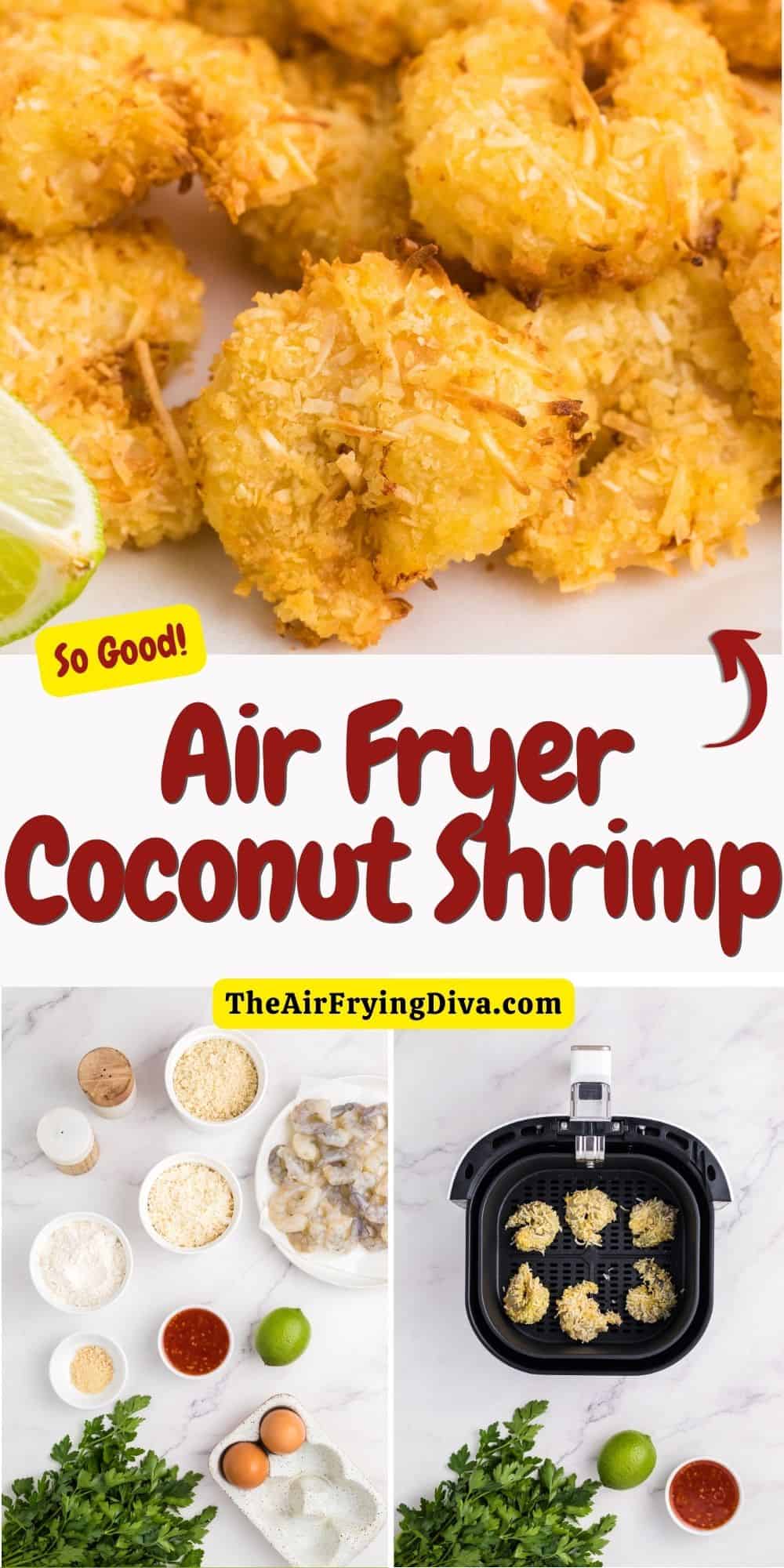 Air Fryer Coconut Shrimp, an easy appetizer or meal recipe featuring large juicy shrimp surrounded by a crunchy coating.