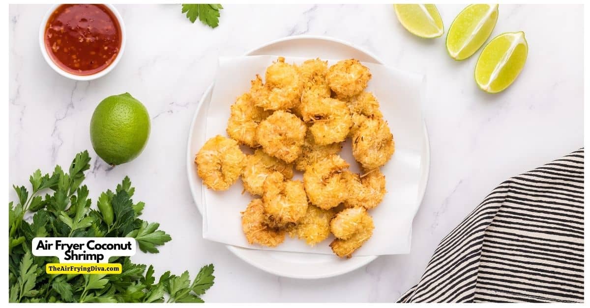 Air Fryer Coconut Shrimp, an easy appetizer or meal recipe featuring large juicy shrimp surrounded by a crunchy coating.