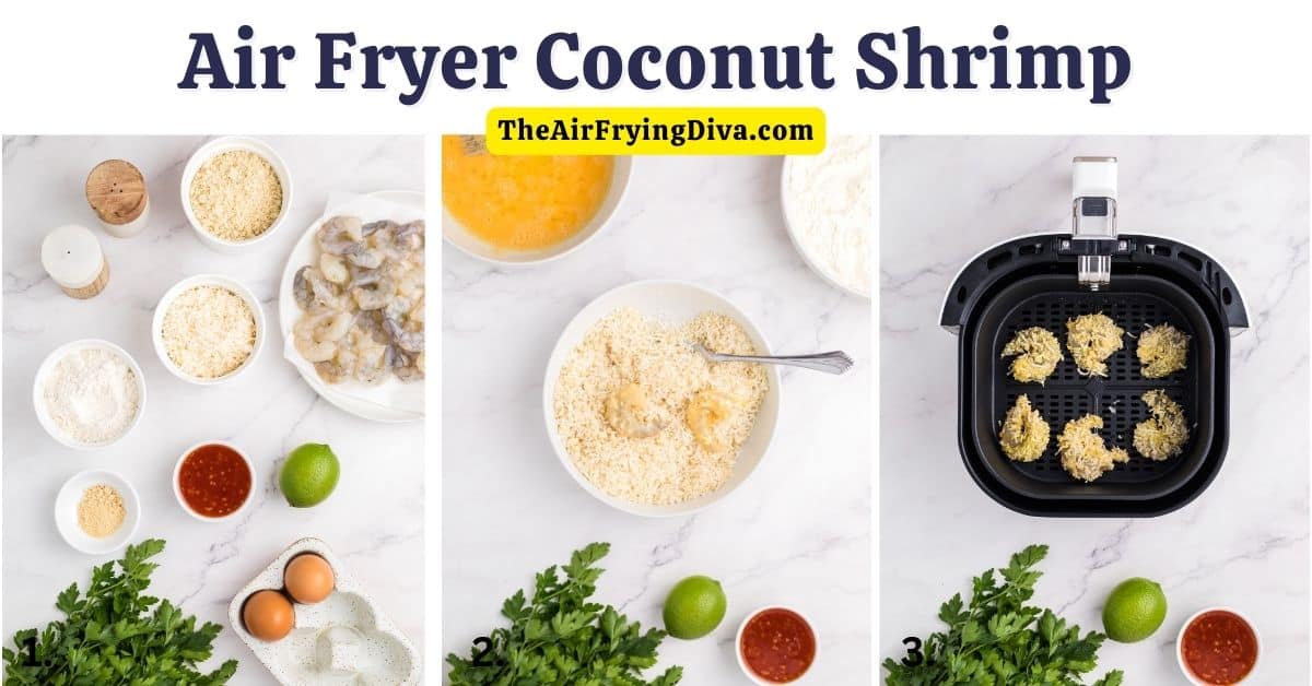 Air Fryer Coconut Shrimp, an easy appetizer or meal recipe featuring large juicy shrimp surrounded by a crunchy coating.