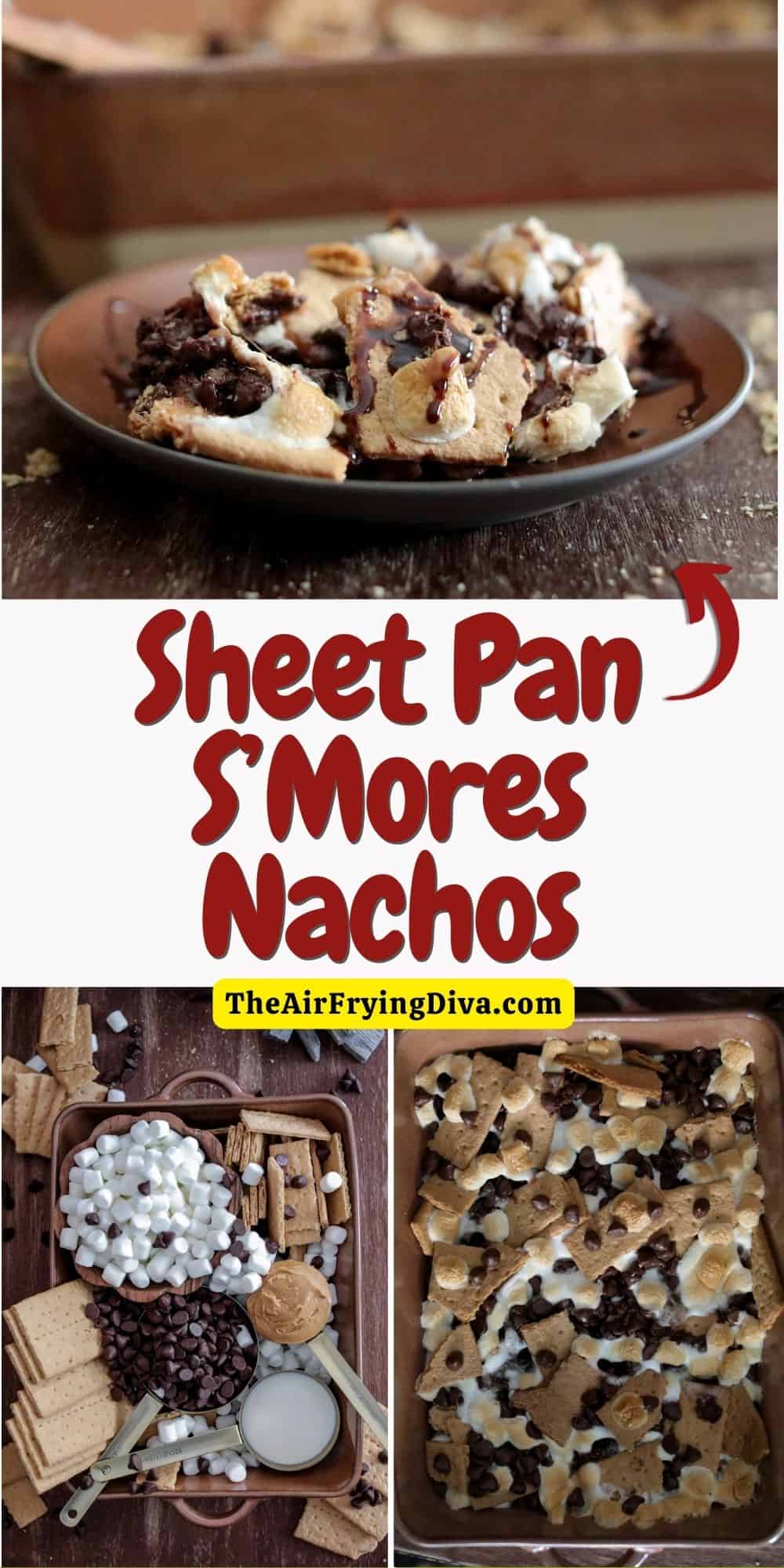 Sheet Pan S’Mores Nachos, a delicious snack or dessert recipe made with marshmallows, chocolate, and graham crackers, baked in an oven.