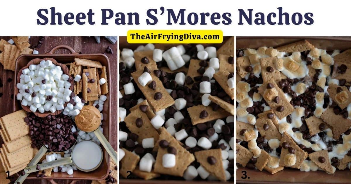 Sheet Pan S’Mores Nachos, a delicious snack or dessert recipe made with marshmallows, chocolate, and graham crackers, baked in an oven.