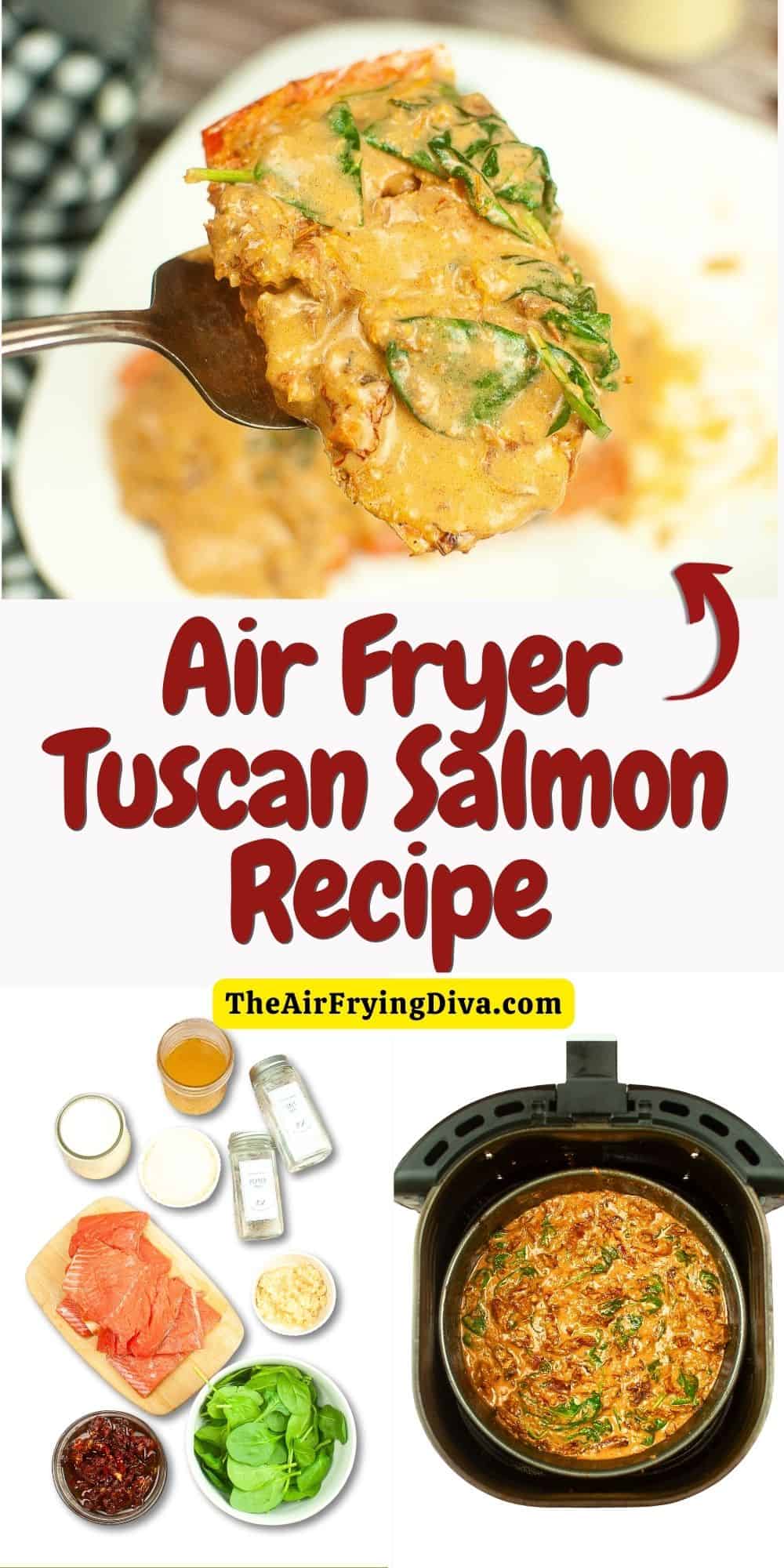 Air Fryer Tuscan Salmon Recipe, an easy and delicious meal featuring moist salmon covered with a creamy sauce and air fried to perfection.