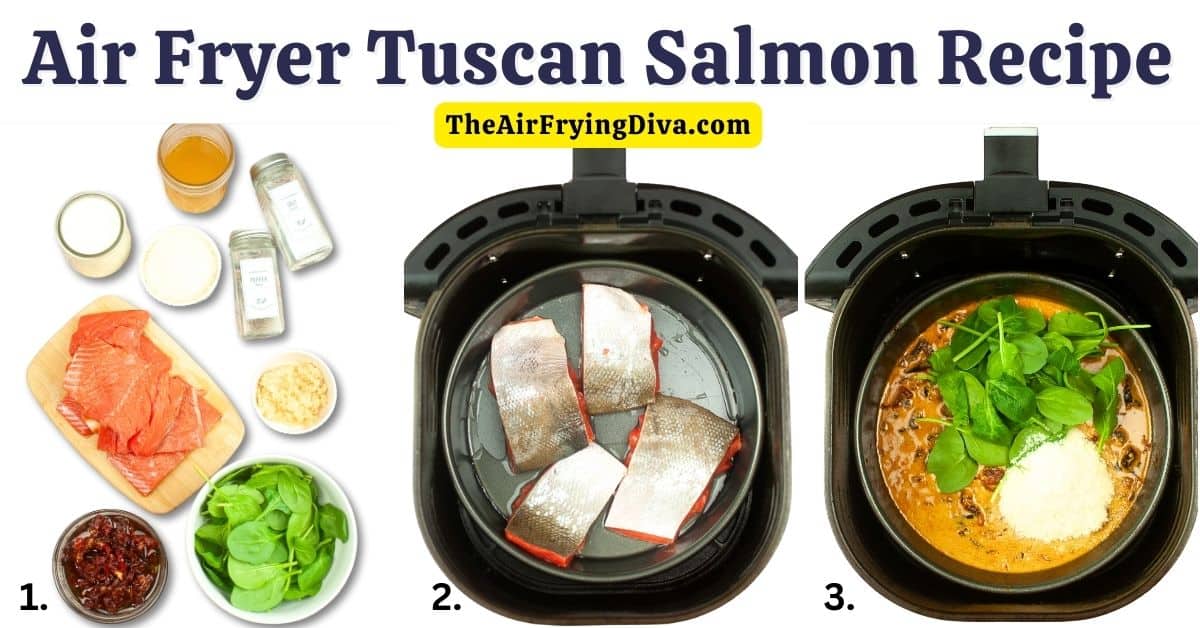 Air Fryer Tuscan Salmon Recipe, an easy and delicious meal featuring moist salmon covered with a creamy sauce and air fried to perfection.