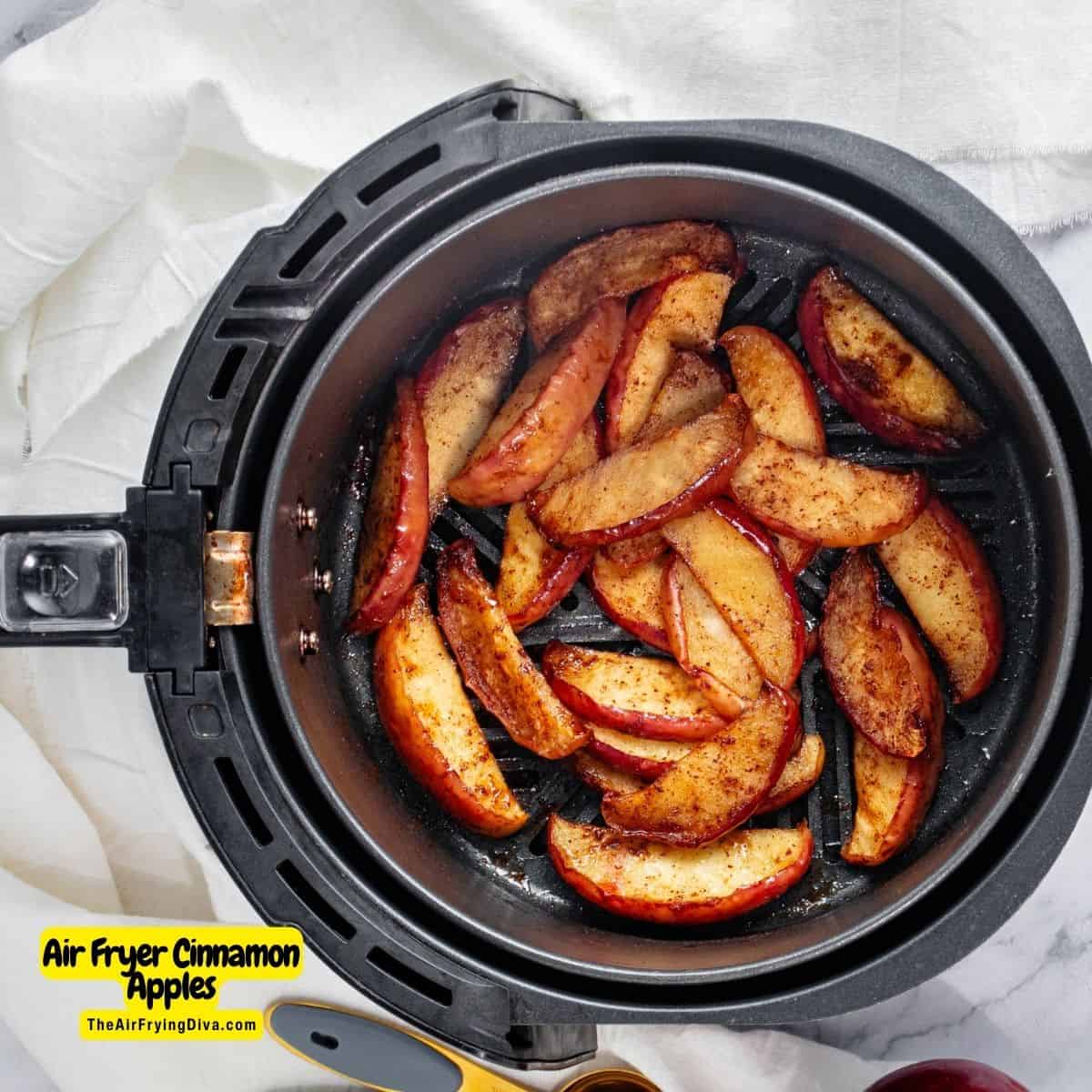 Air Fryer Cinnamon Apples, a simple, healthy yet indulgent dessert recipe made with fresh apples air fried with a caramelized topping.