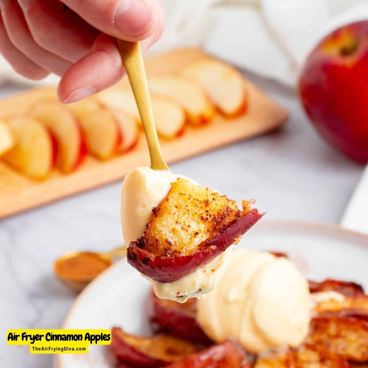 Air Fryer Cinnamon Apples, a simple, healthy yet indulgent dessert recipe made with fresh apples air fried with a caramelized topping.