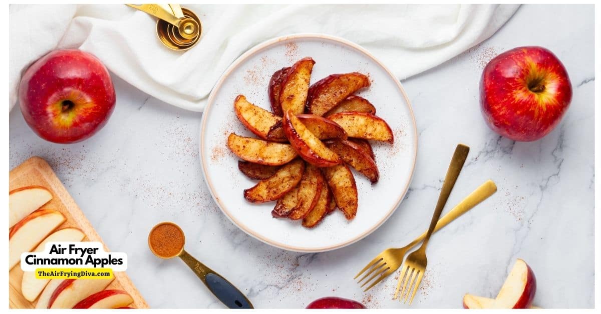 Air Fryer Cinnamon Apples, a simple, healthy yet indulgent dessert recipe made with fresh apples air fried with a caramelized topping.