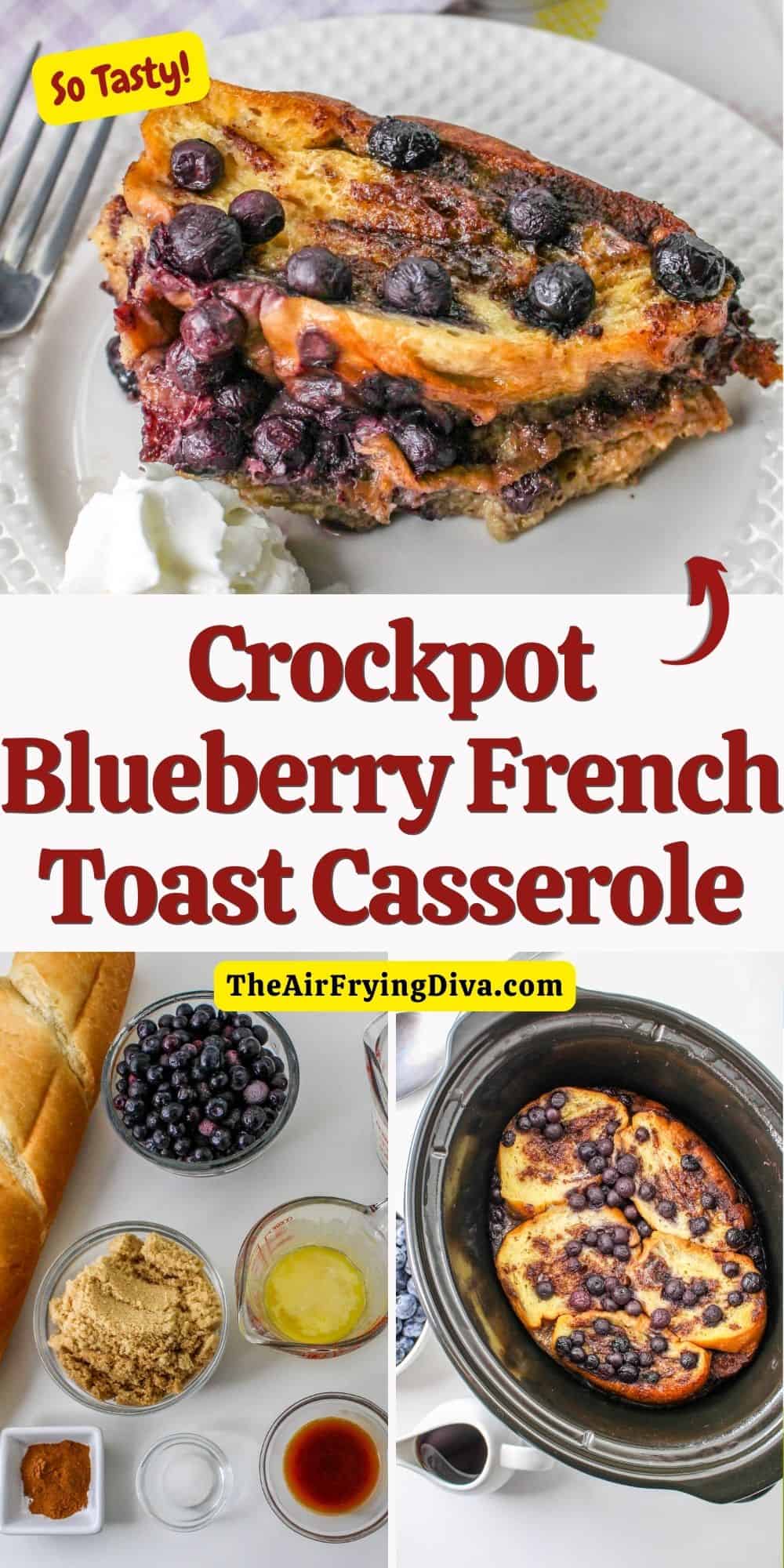 Crockpot Blueberry French Toast Casserole, a delicious and easy breakfast or brunch recipe made with blueberries and French bread.