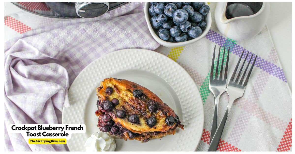 Crockpot Blueberry French Toast Casserole, a delicious and easy breakfast or brunch recipe made with blueberries and French bread.