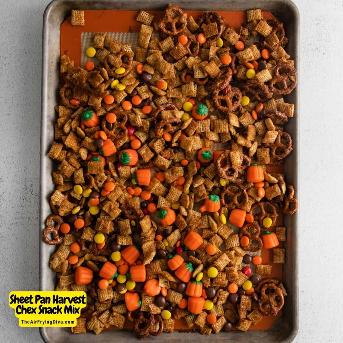 Sheet Pan Harvest Chex Snack Mix, an easy snack recipe inspired by the fall season. Includes sweet and baked salty ingredients.