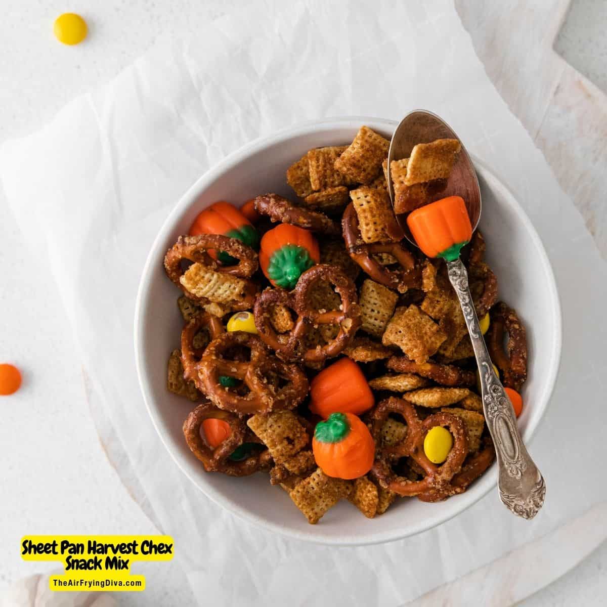 Sheet Pan Sheet Pan Harvest Chex Snack Mix, an easy snack recipe inspired by the fall season. Includes sweet and baked salty ingredients.Chex Snack Mix