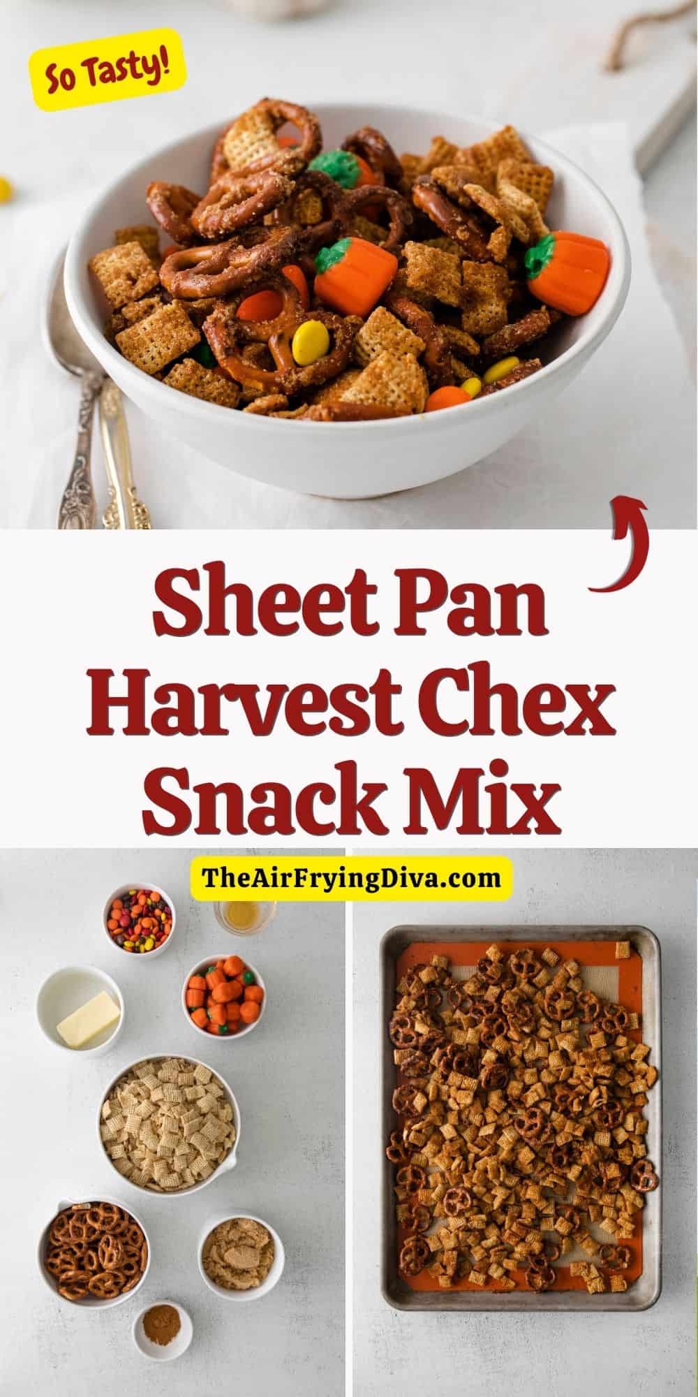 Sheet Pan Harvest Chex Snack Mix, an easy snack recipe inspired by the fall season. Includes sweet and baked salty ingredients.