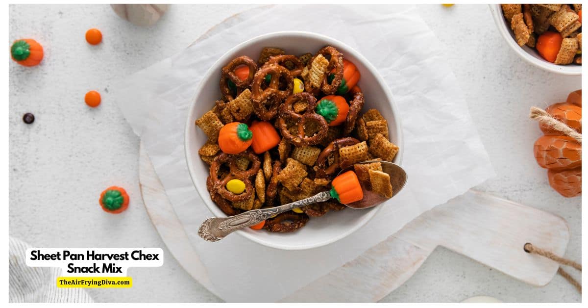 Sheet Pan Harvest Chex Snack Mix, an easy snack recipe inspired by the fall season. Includes sweet and baked salty ingredients.