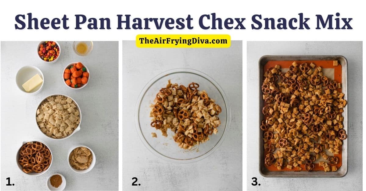 Sheet Pan Harvest Chex Snack Mix, an easy snack recipe inspired by the fall season. Includes sweet and baked salty ingredients.