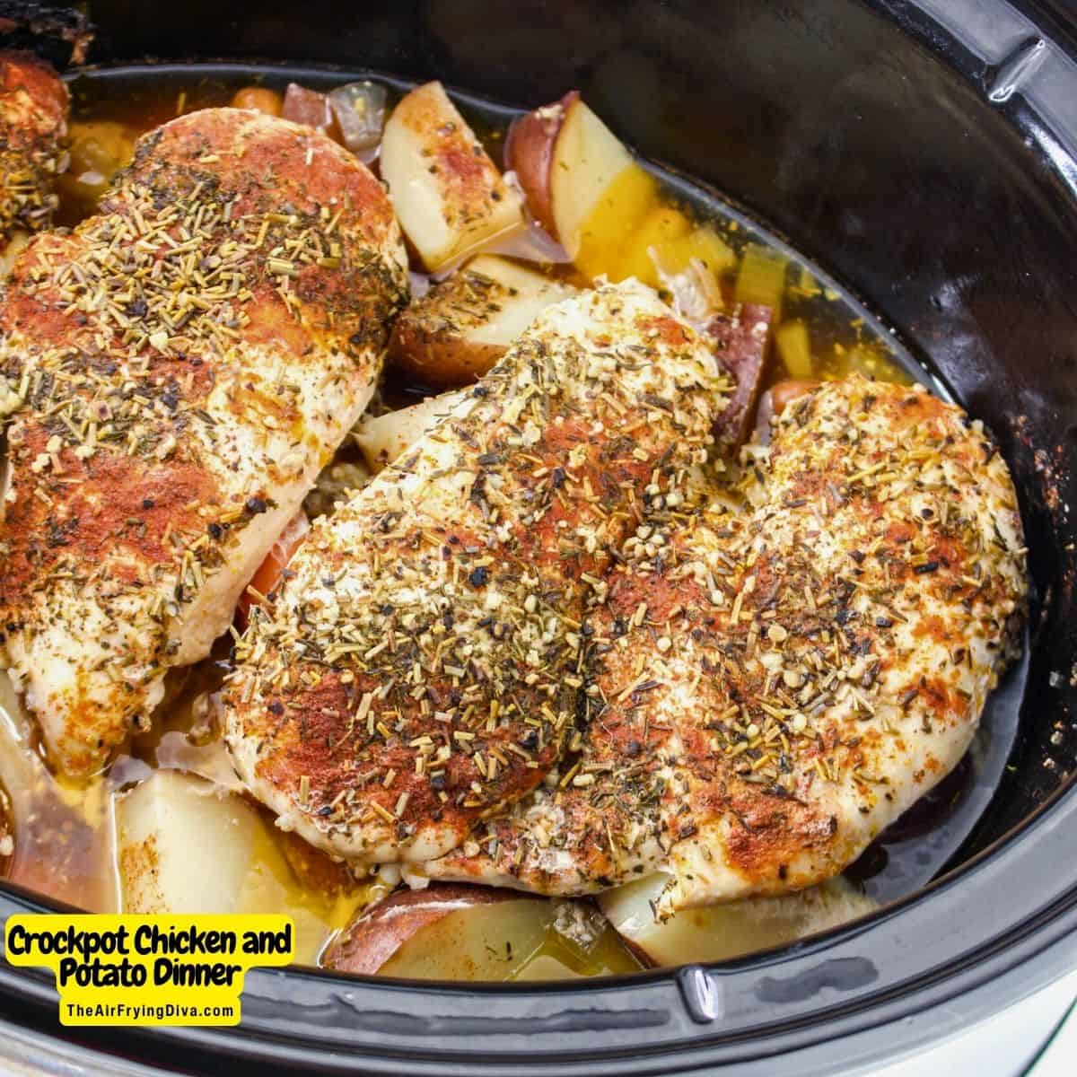 Crockpot Chicken and Potato Dinner, an easy meal recipe made with chicken breasts, vegetables, and seasonings.