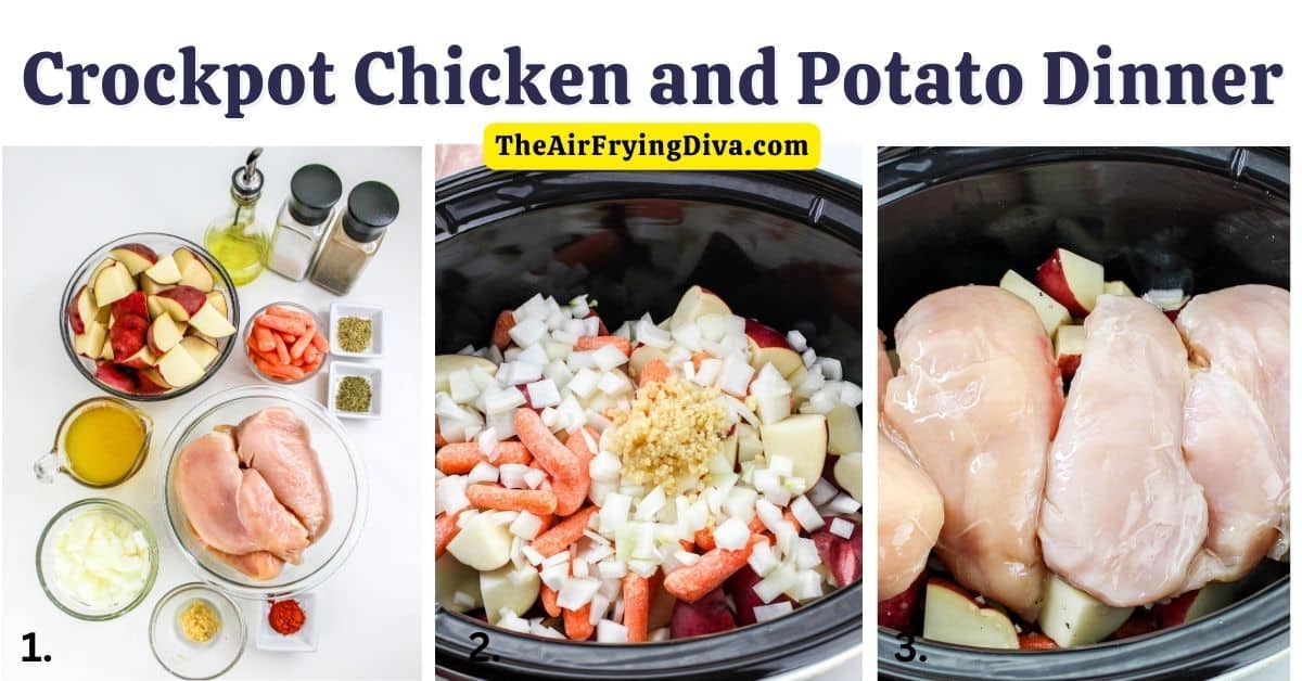 Crockpot Chicken and Potato Dinner, an easy meal recipe made with chicken breasts, vegetables, and seasonings.