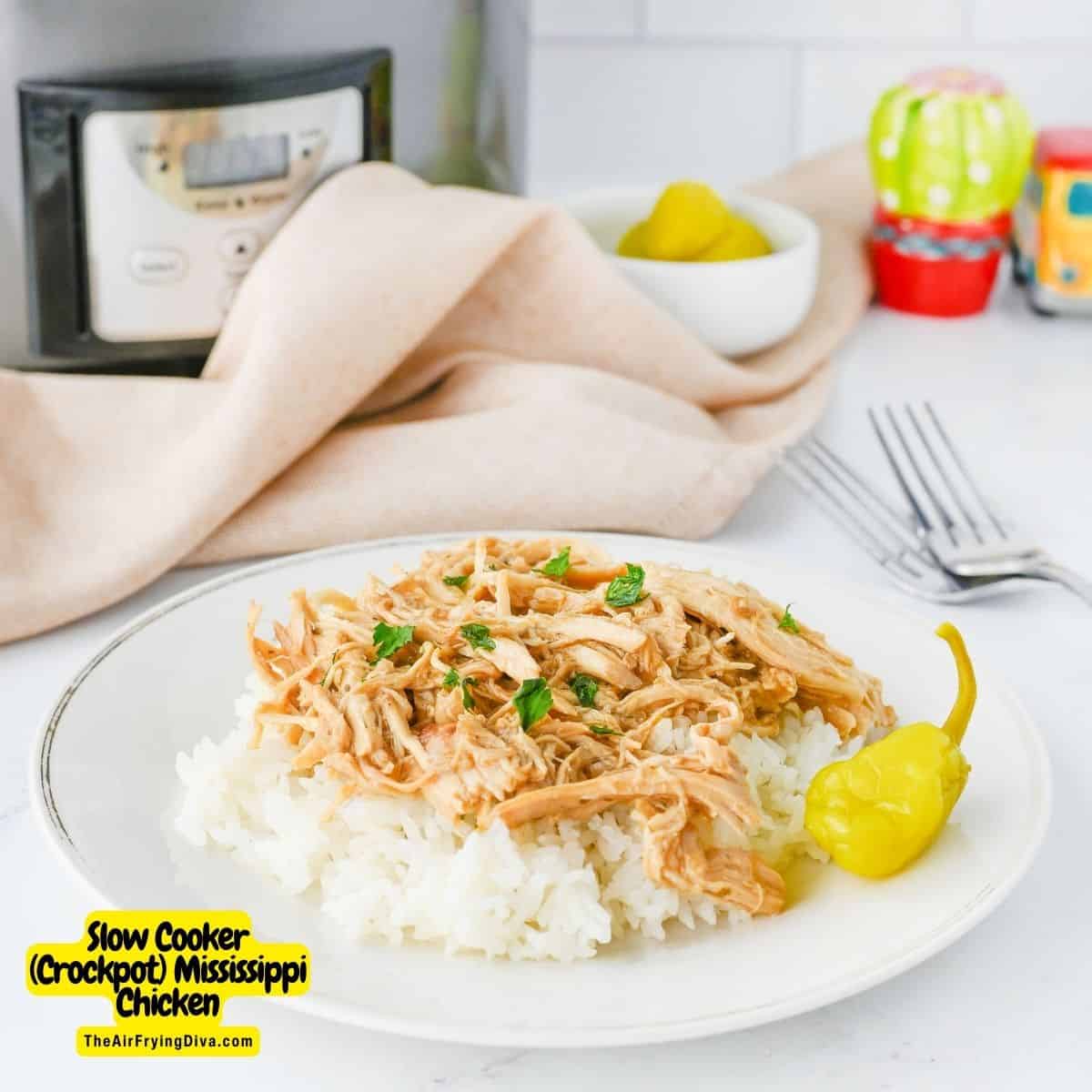 Slow Cooker (Crockpot) Mississippi Chicken, a delicious and easy dinner recipe made with  pepperoncini peppers and ranch seasoning.