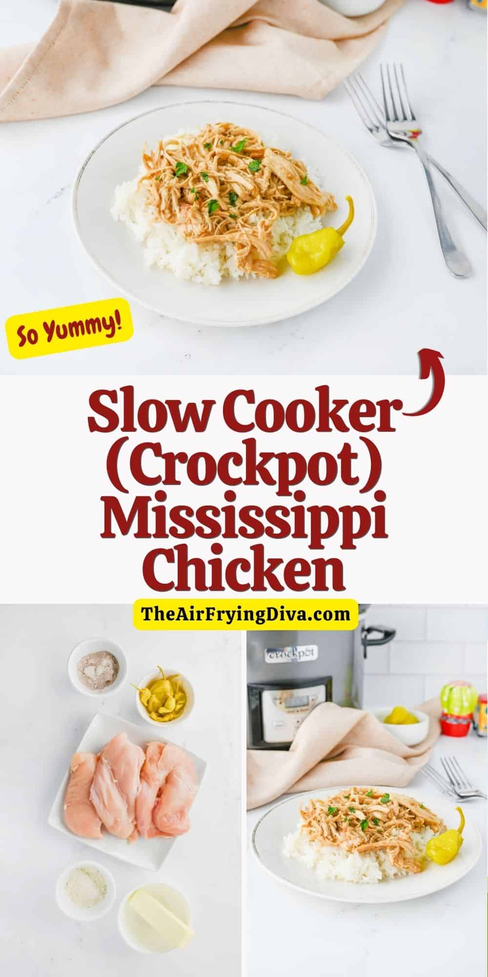 Slow Cooker (Crockpot) Mississippi Chicken, a delicious and easy dinner recipe made with  pepperoncini peppers and ranch seasoning.