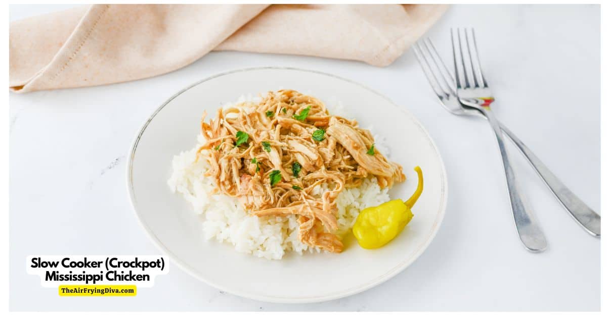 Slow Cooker (Crockpot) Mississippi Chicken, a delicious and easy dinner recipe made with  pepperoncini peppers and ranch seasoning.