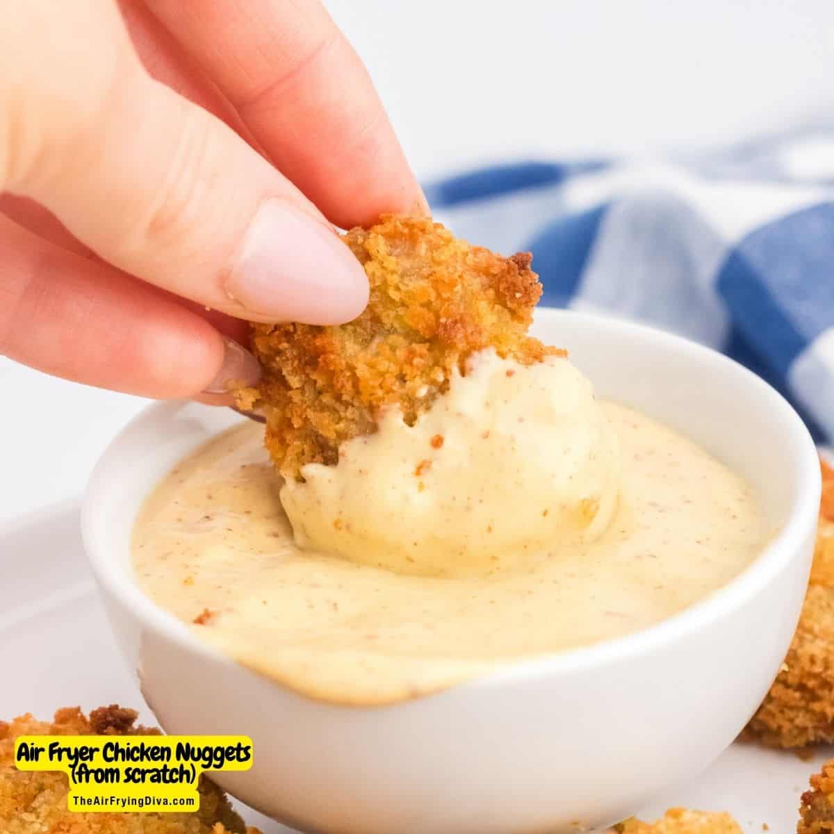 The Best Air Fryer Chicken Nuggets (from scratch), an easy homemade lunch or dinner recipe made with ground chicken in a panko coating.