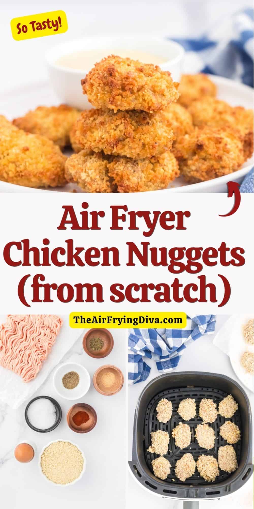 The Best Air Fryer Chicken Nuggets (from scratch), an easy homemade lunch or dinner recipe made with ground chicken in a panko coating.