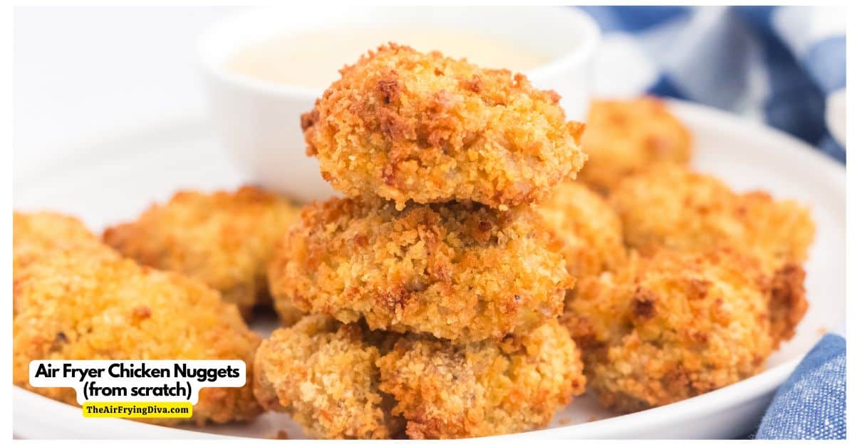 The Best Air Fryer Chicken Nuggets (from scratch), an easy homemade lunch or dinner recipe made with ground chicken in a panko coating.