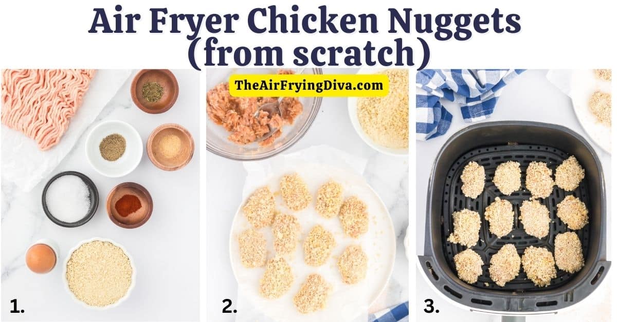 The Best Air Fryer Chicken Nuggets (from scratch), an easy homemade lunch or dinner recipe made with ground chicken in a panko coating.